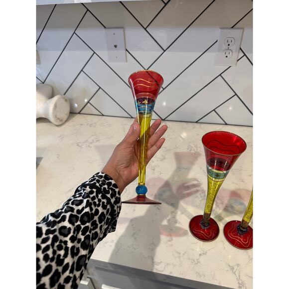 Pier 1 Fluted Champagne Glasses Set Red Blue Yellow Gold Swirls star Stemware x4 - Picture 6 of 8